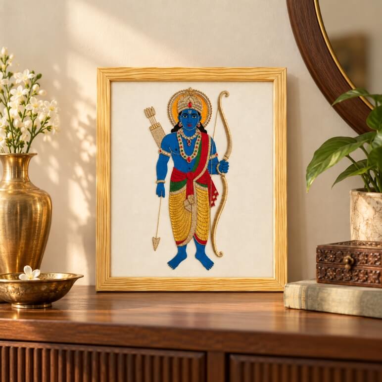 Framed Lord Rama wall art displayed in a contemporary Indian living room