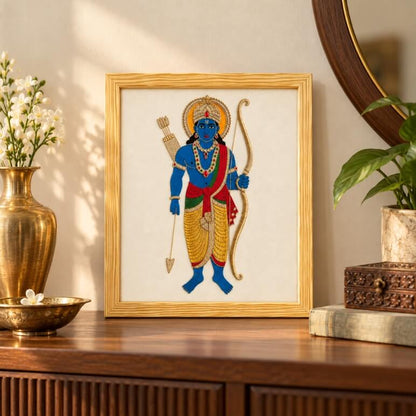 Framed Lord Rama wall art displayed in a contemporary Indian living room