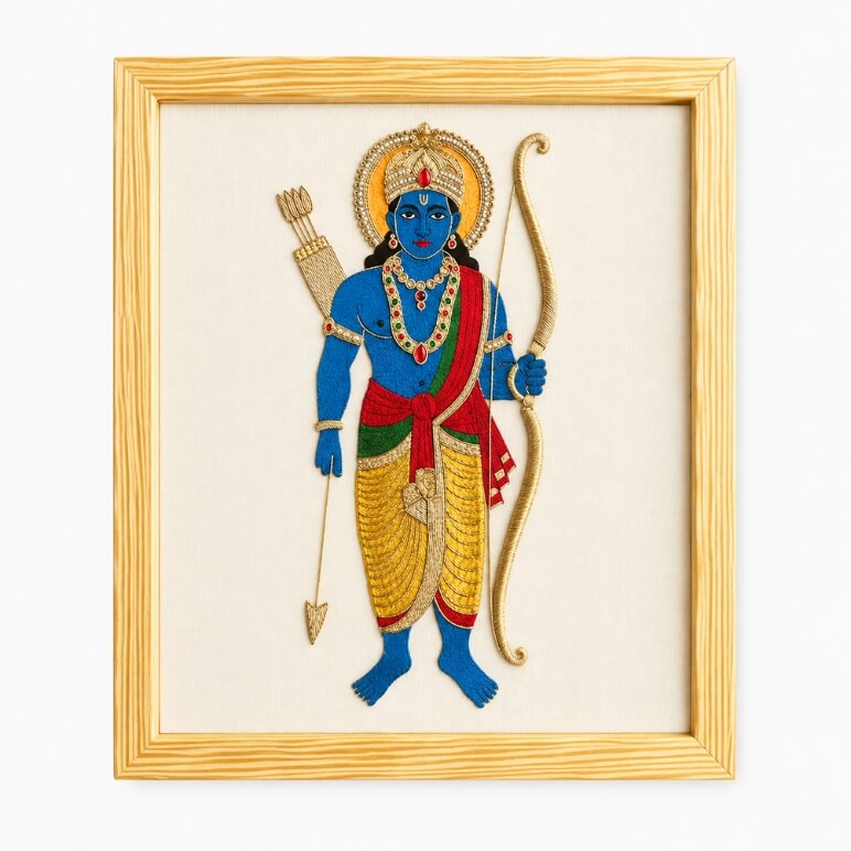 Lord Rama hand-embroidered wall art in real wood frame by Underlyn