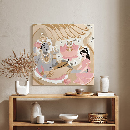 Decorative wall art of a couple on a lotus with vases and bowls on a shelf below.