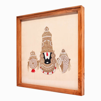 Decorative wall art with a wooden frame featuring an intricate design on a beige background
