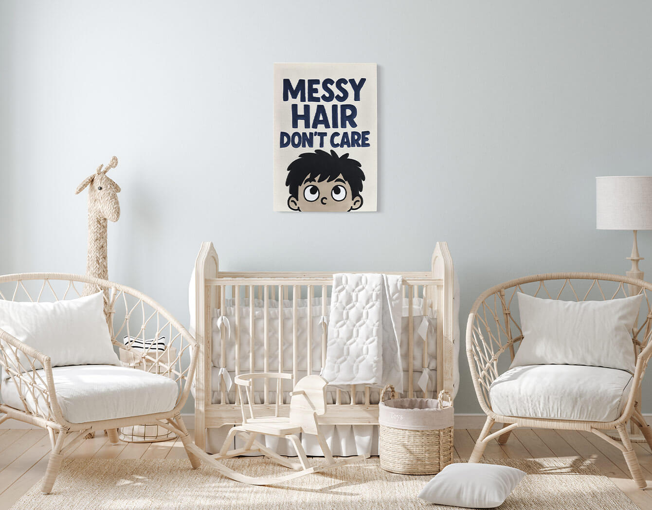 Nursery room with a crib, chairs, and a decorative textile wall art for boys on the wall.