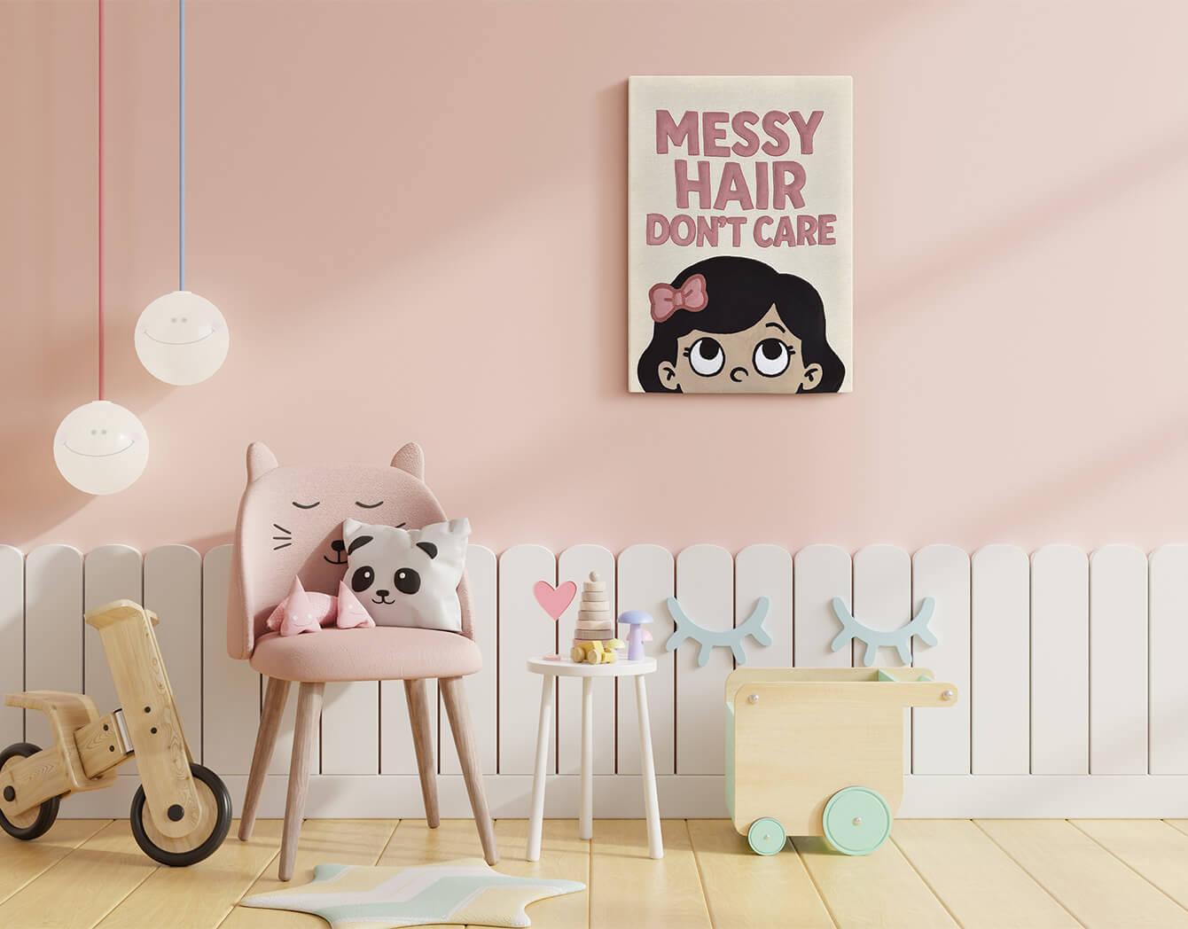 Children's room with pink wall, chair, toys, and a 'Messy Hair Don't Care' textile wall art.