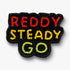 Beaded “READY STEADY GO” text slogan brooch pin in red, yellow and lime on a white background