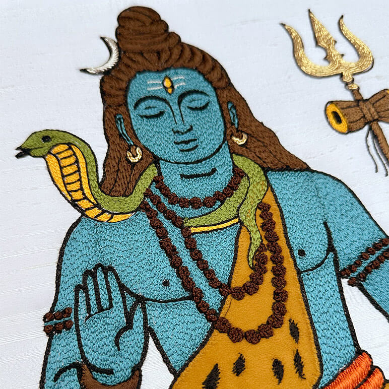 Embroidery of a blue-skinned deity with a snake and trident on a white background