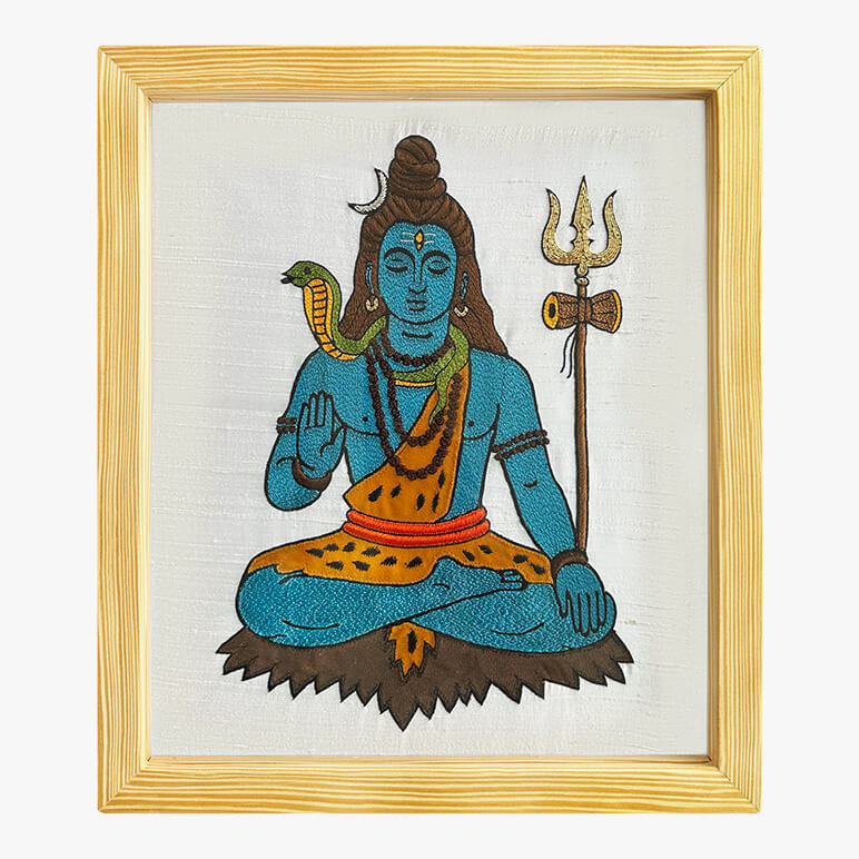 Framed artwork of Lord Shiva, a Hindu deity with a trident and snake, on a white background.