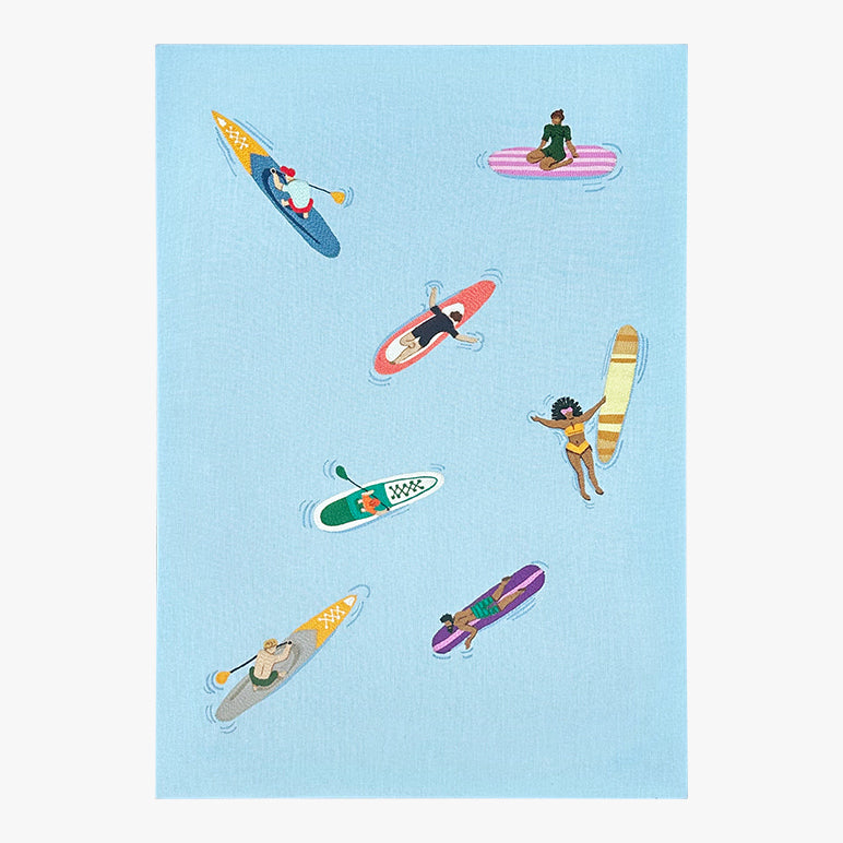 Illustrations of people on various watercraft against a light blue background