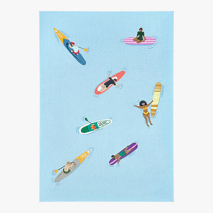Illustrations of people on various watercraft against a light blue background