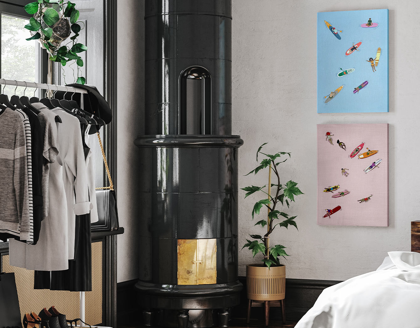 Room interior with a black fireplace, clothing rack, and colourful modern coastal wall art.