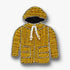 Gold hoodie brooch hand-embroidered on white background