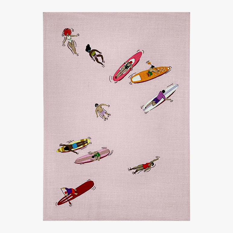 Illustrations of people on surfboards and skateboards on a pink background