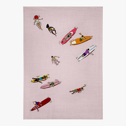 Illustrations of people on surfboards and skateboards on a pink background