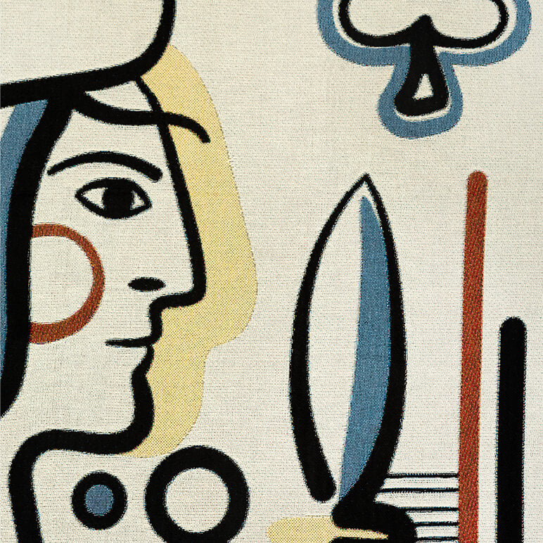 Abstract artwork with geometric shapes and a stylized face on a beige background