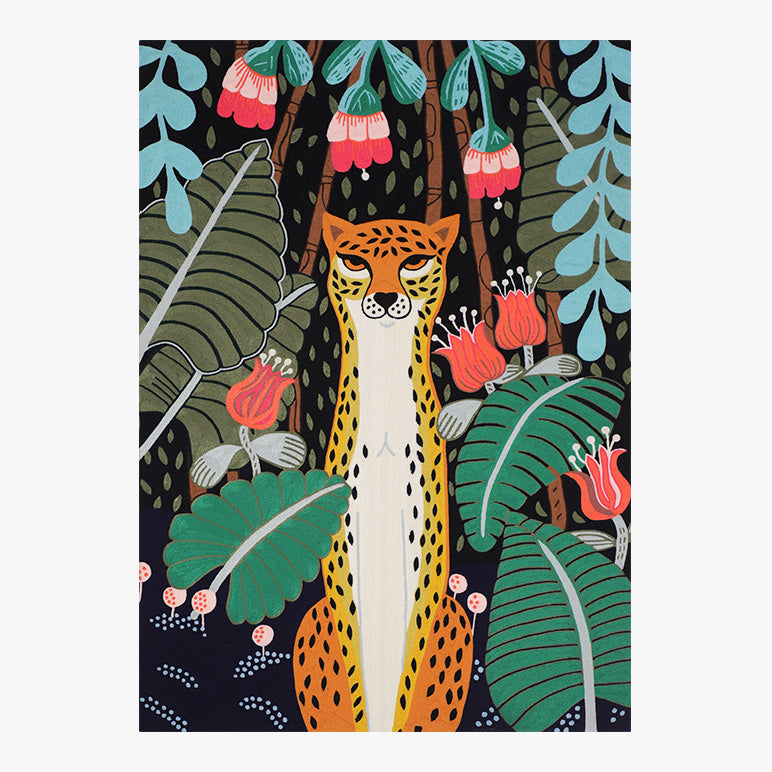 Textile artwork showing a cheetah amidst foliage in a tropical wall art