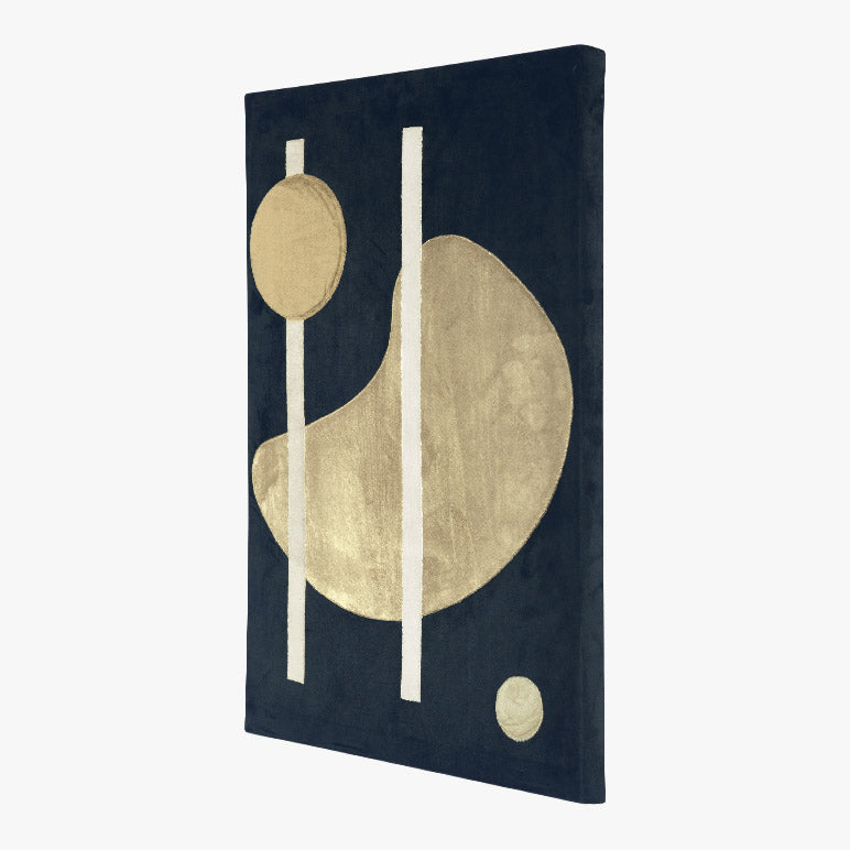 Abstract art piece with gold shapes on a black background