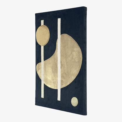 Abstract art piece with gold shapes on a black background
