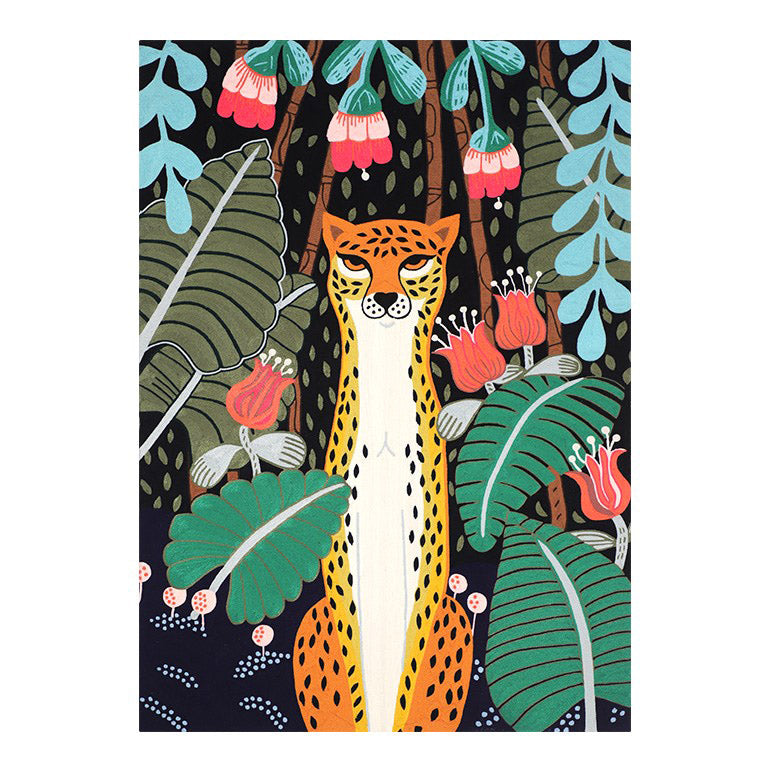 Colorful embroidered textile art of a cheetah in a jungle setting with leaves and flowers.