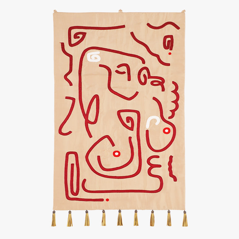 Crimson Whispers tapestry—abstract red line art on a warm beige ground with gold tassels; modern textile wall art and decorative wall hanging for stylish wall art decor.
