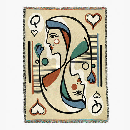 Designer throw blanket with abstract design of a queen playing card seen on a white background