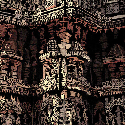Decorative fabric with intricate patterns in brown and beige on a dark background