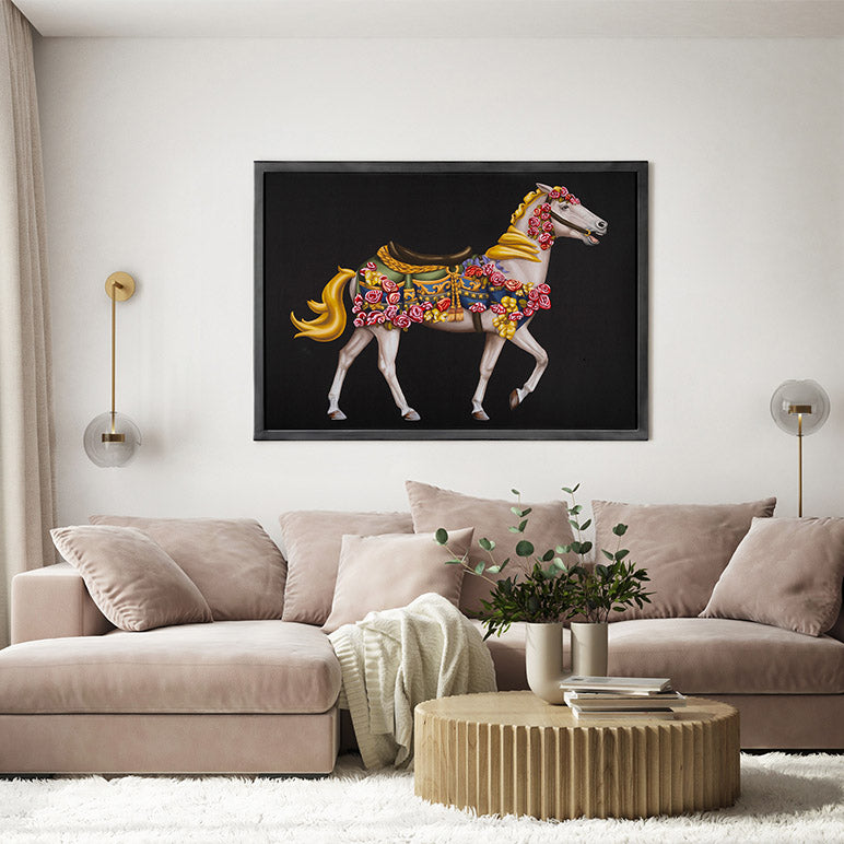 Decorative horse painting on a wall above a sofa in a living room.