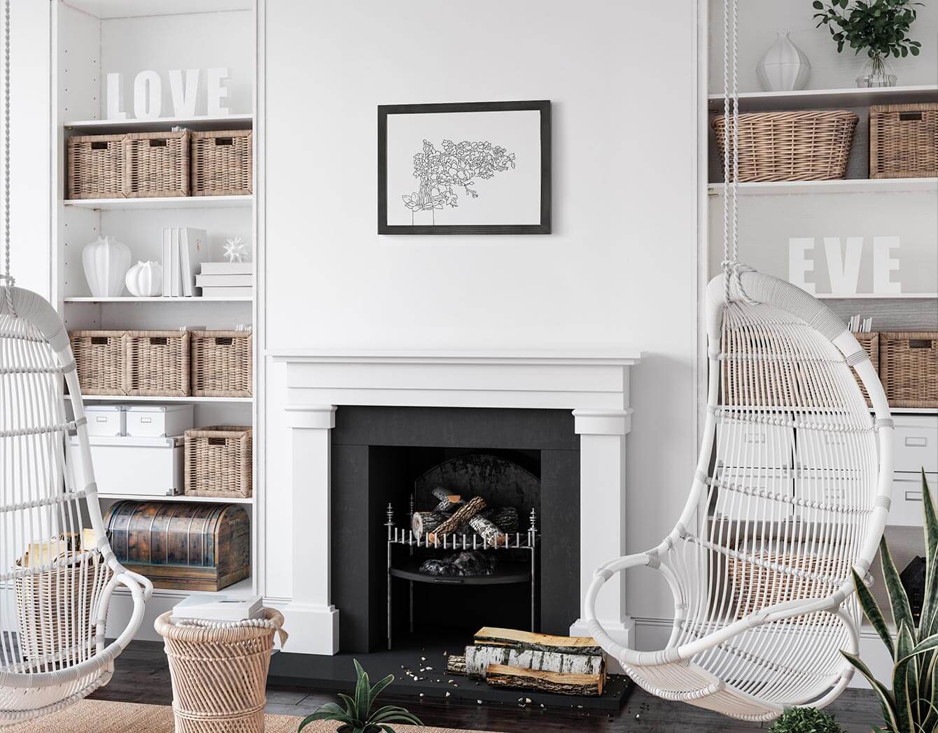 Modern living room with a fireplace, hanging chairs, and decorative items.