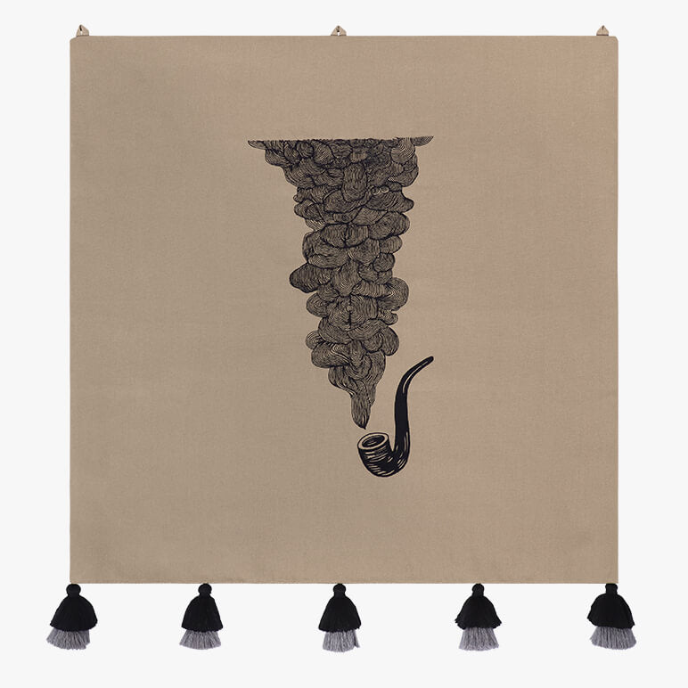 Decorative wall art with a black pipe and smoke design on a dark beige background