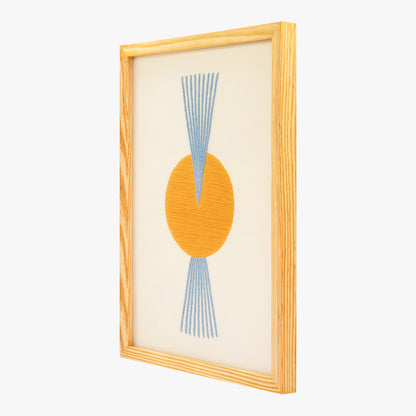 Framed abstract art with orange circle and blue lines on a beige background