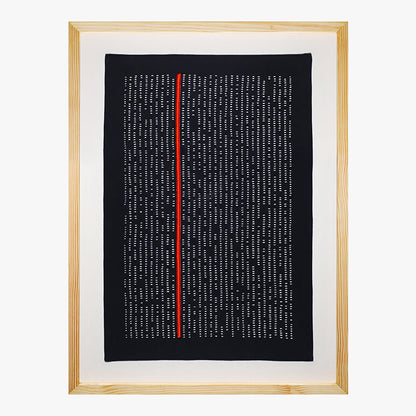 Framed artwork with black background, white text, and a red line on a white background