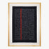 Framed artwork with black background, white text, and a red line on a white background