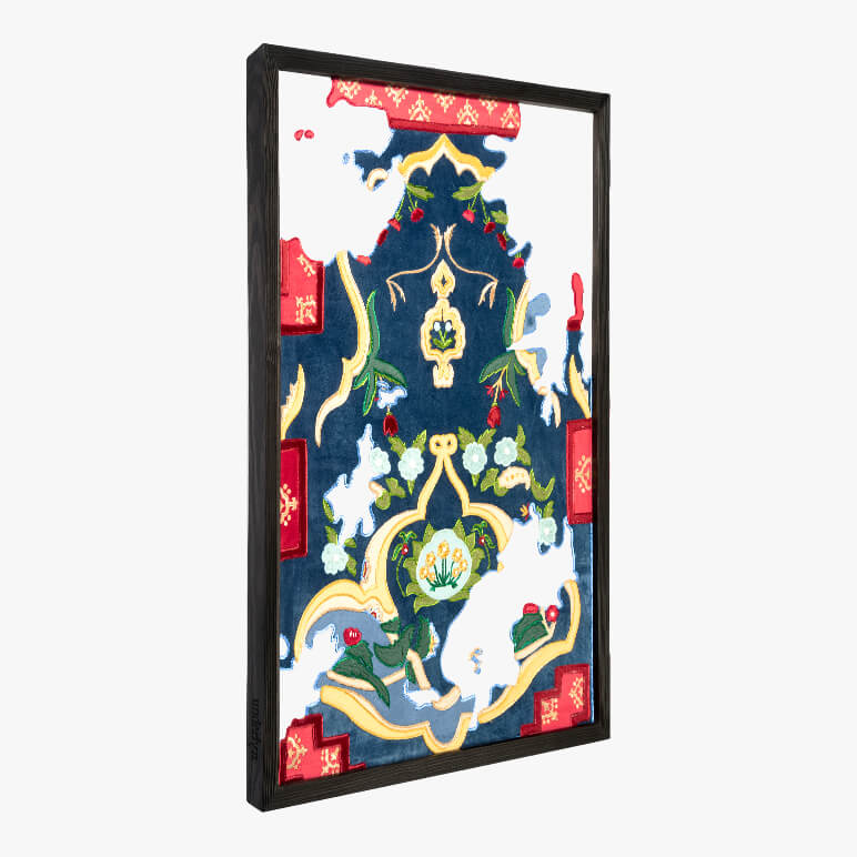 Decorative wall art with a colorful pattern featuring unicorns and flowers in a black frame.