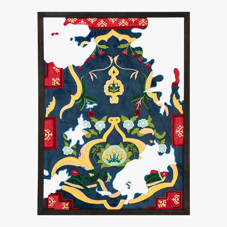 Decorative rug with intricate patterns and colors on a white background