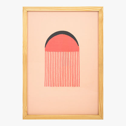 Framed artwork with a geometric design on a peach background
