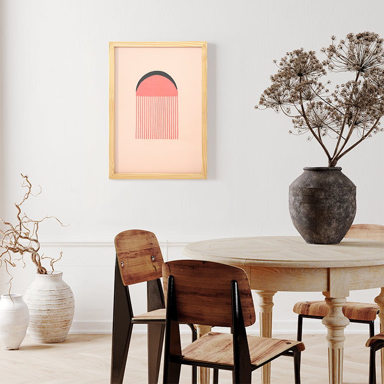 Dining room with wooden table, chairs, and decorative vases.