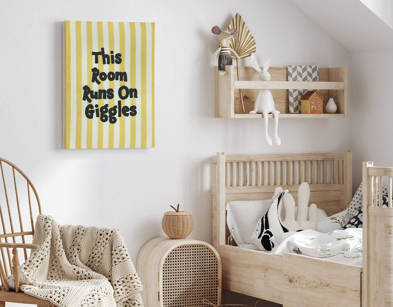 Children's bedroom with wooden furniture, shelves, and a playful wall artwork in stripes