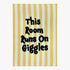 Striped playful nursery wall decor with the text "This Room Runs On Giggles" embroidered on it