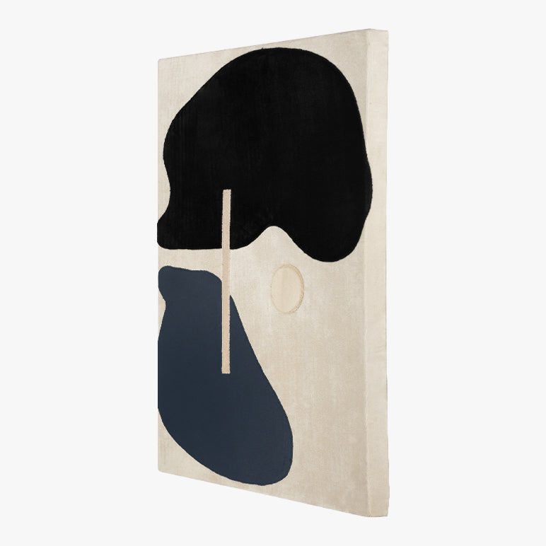 Abstract art piece with black and blue shapes on a beige background
