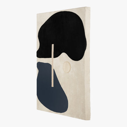 Abstract art piece with black and blue shapes on a beige background