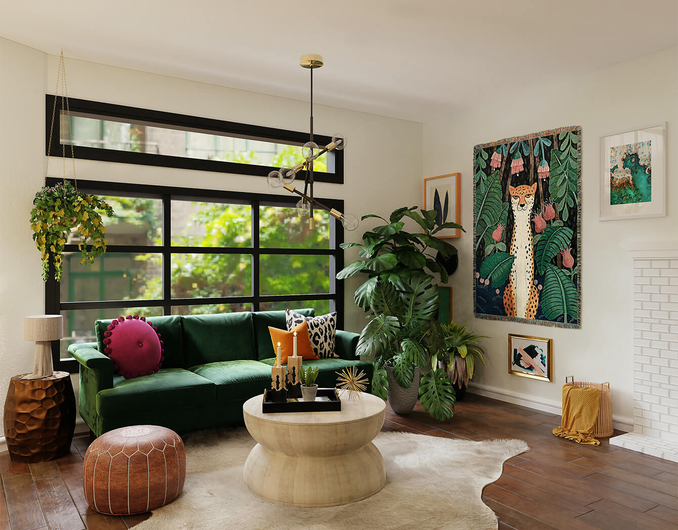 Modern living room with a green jungle themed tapestry on the wall, a green sofa, coffee table, and decorative plants.