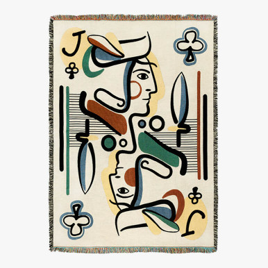 cotton woven throw featuring an abstract artwork of a jack playing card in white, yellow, red, green and black