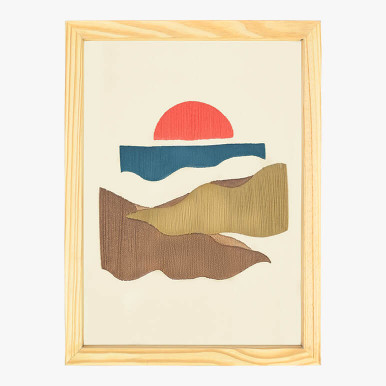 Abstract mountain wall art in earthy colors, seen displayed in wood