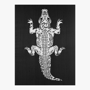 framed alligator art in monochrome black and white featuring an alligator done in patchwork and embroidery