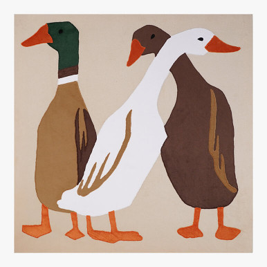 Feature image of a textile artwork showcasing three multicolored ducks over a beige background