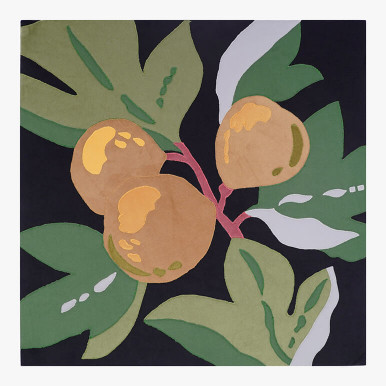 Feature image of an artwork of fruit, specifically golden pears with foliage in green over a black background, canvas framed