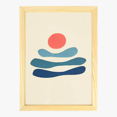 Feature image of a wooden framed blue wall art for home, in abstract style in salmon and blue colors over a beige cotton background