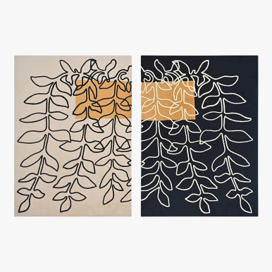 Product feature showcasing a diptych minimalist art showing two hanging planter boxes with foliage coming out of them, cream and black colored