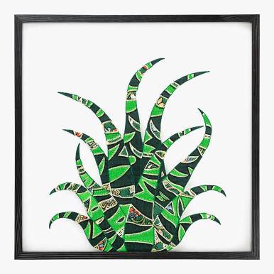 framed cactus wall art featuring a green textile cactus crafted using patchwork and embroidery