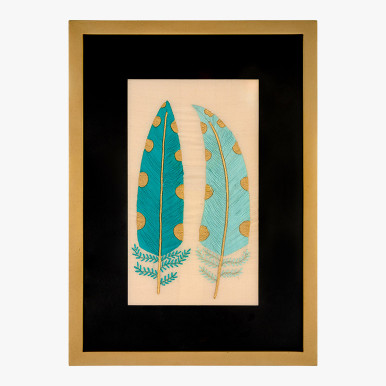 framed textile art featuring two polka dot feathers in dark and light teal 