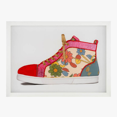 framed eccentric wall décor featuring a colorful shoe shaped wall art