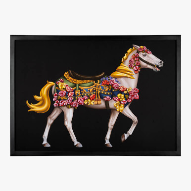 framed extra large wall art featuring a decorated white horse over a black background